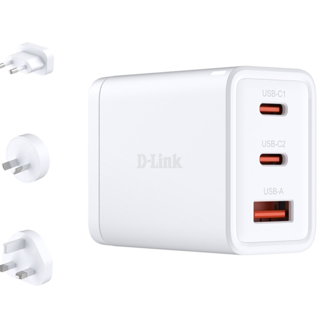 D-Link Cargador de Pared GaN de 65W - 2 USB-C y 1 USB-A - Conectores Intercambiables - Color Blanco 1