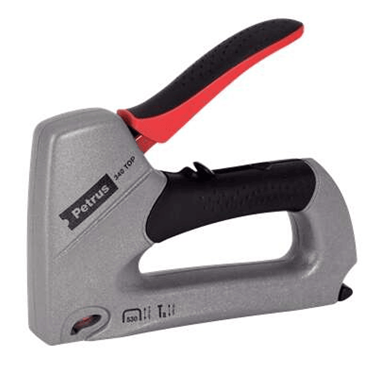 Petrus 340 Top Clavadora/Grapadora Metalica - Para Grapas 530/6 a 14mm y Pins Tipo 8 de 15mm - Ajuste de Potencia - Color Gris/Negro 1