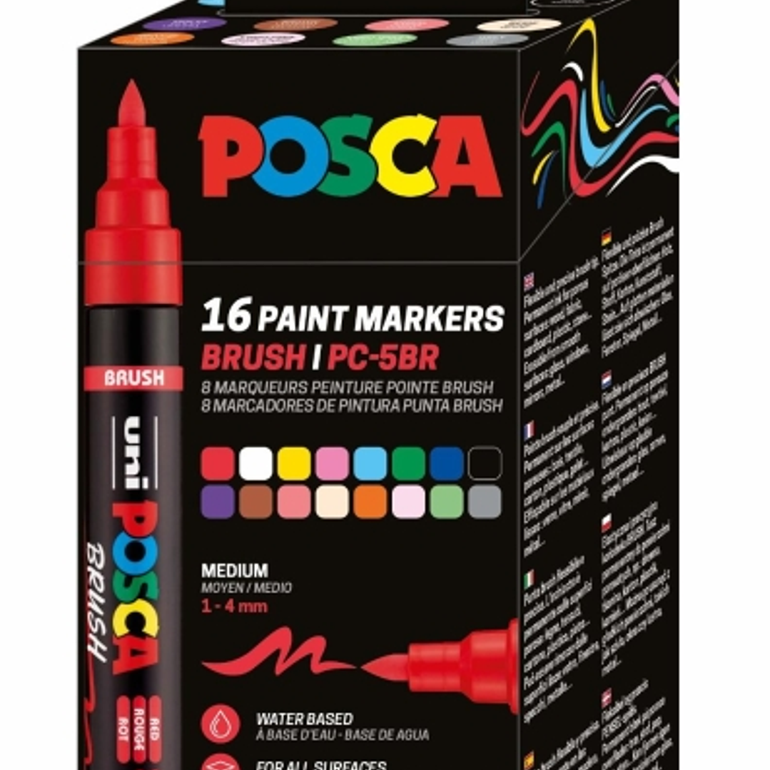 Posca PC-5BR Caja con 16 Marcadores de Pintura - Punta Brush 1-4mm - Tinta Base al Agua - Resistente a la Luz - No Permanente - Colores Surtidos 1