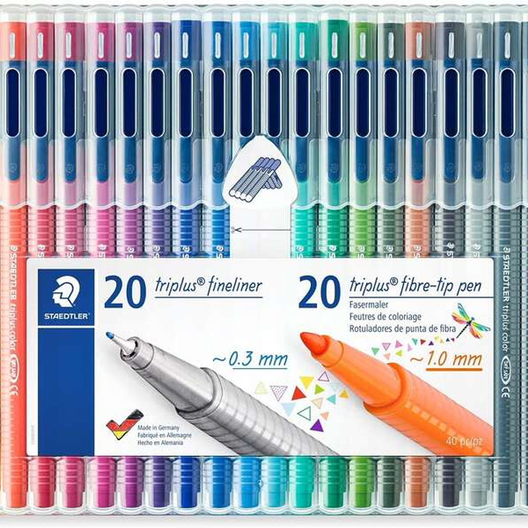 Staedtler Triplus Pack de 20 Rotuladores de Punta Fina 0.3mm + 20 Rotuladores de Punta Fibra 1mm - Capuchon con Clip - Colores Surtidos 1
