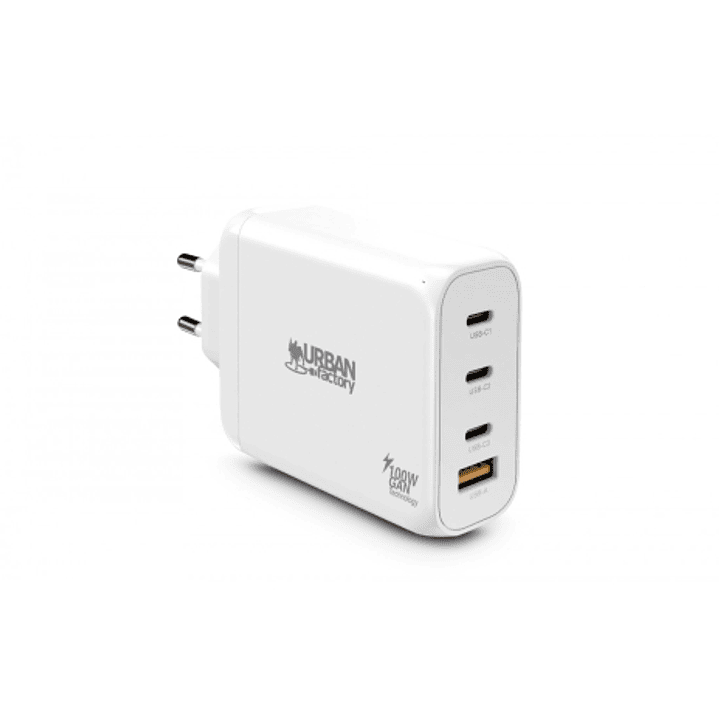 Urban Factory Powee Cargador USB-C GaN de 100W - 3 Puertos USB-C de 65W + 1 Puerto USB-A de 18W - Carga Rapida - Color Blanco 1