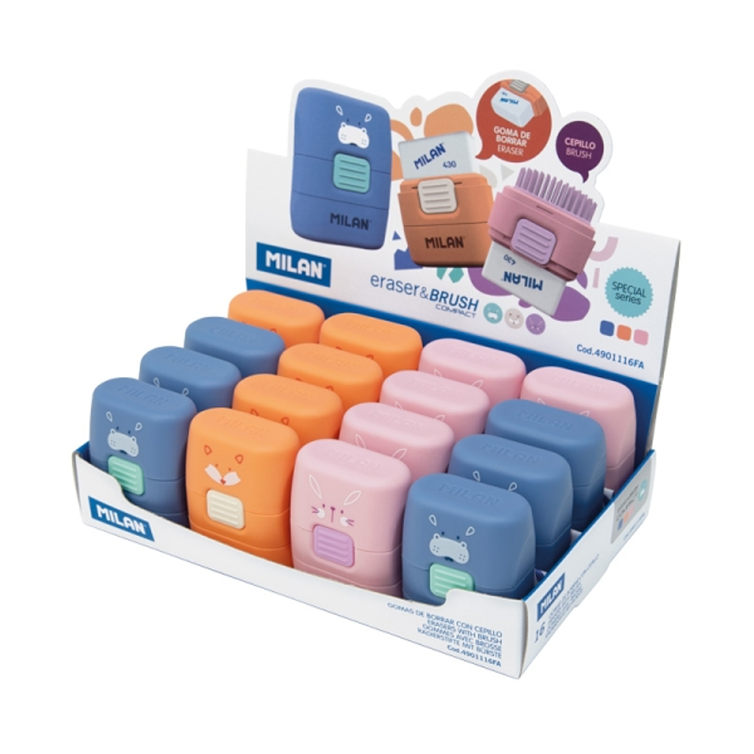 Milan Compact Fun Animals Expositor con 16 Gomas de Borrar con Cepillo - Colores Surtidos 1