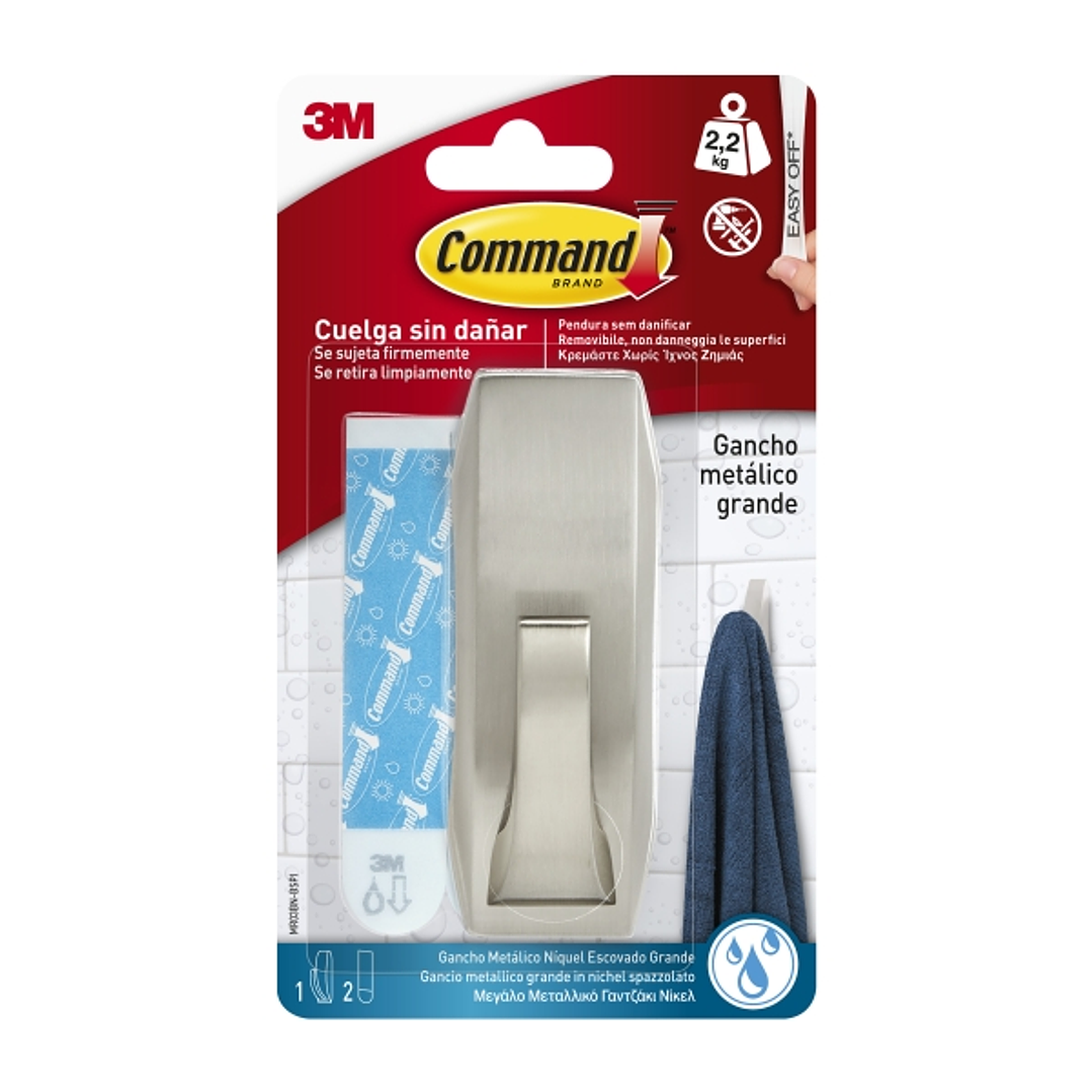 Command Gancho Metalico Grande para Aseo - Estilo Moderno - 2 Tiras Adhesivas - Soporta hasta 2.2kg - Resistente al Agua - Color Niquel Satinado 1