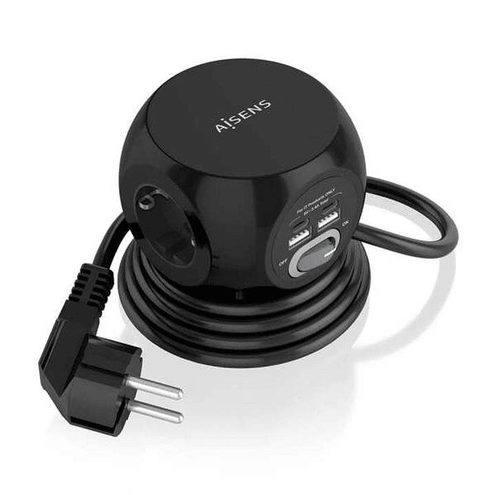 Aisens Regleta de Enchufes Sobremesa Multifuncion con 3 Tomas + 2xUSB-C - 2xUSB-A - 1.4m - Color Negro 1