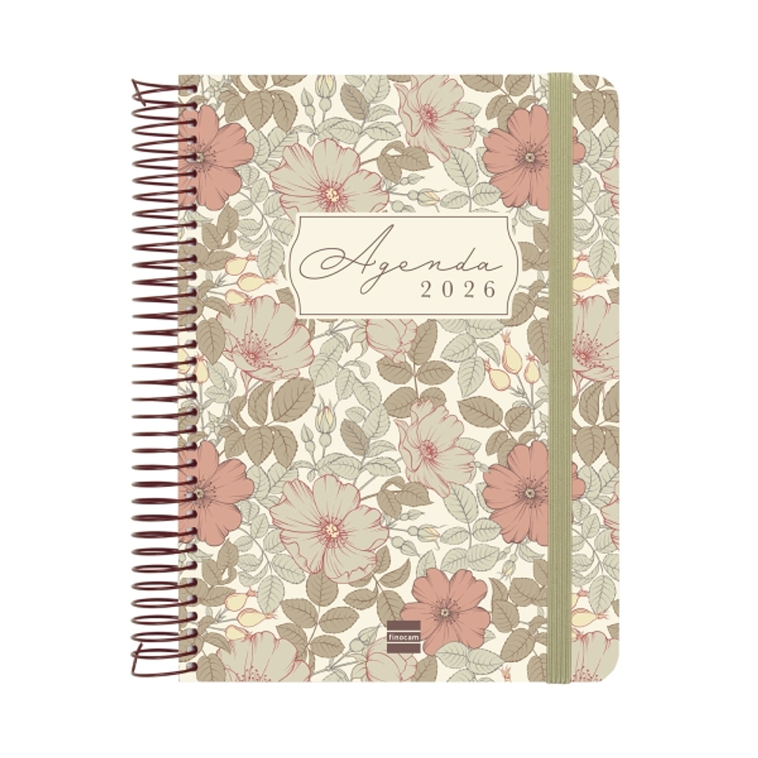 Finocam Cloe Agenda de Espiral - Anual 2026 - Planificador - Cierre de Goma - Formato E10 - 175x28x214mm - 1 Dia por Pagina - Color Marron 1