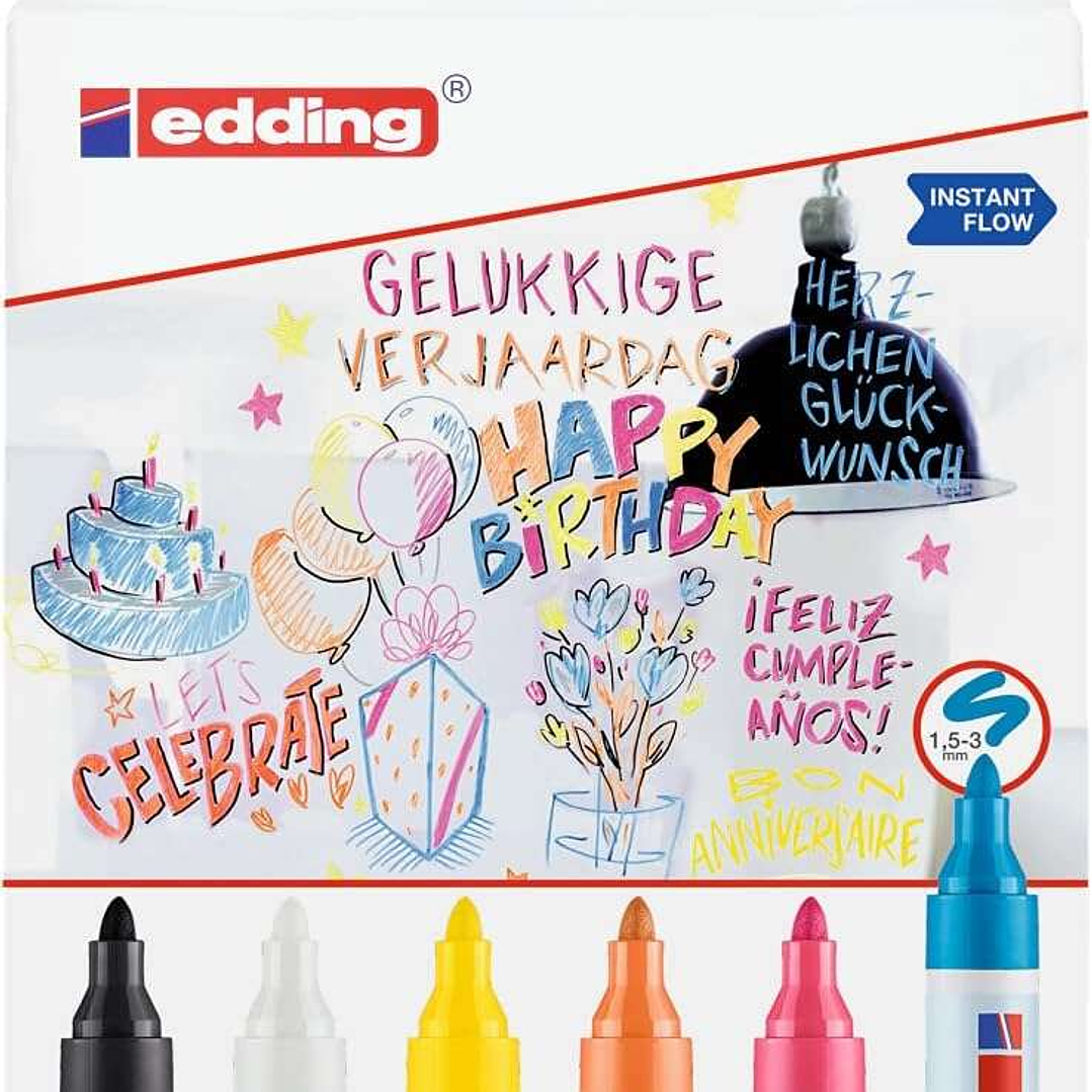 Edding 95 Pack de 6 Rotuladores para Cristal - Punta Redonda - Trazo 1.5-3mm - Colores Blanco, Amarillo, Negro, Naranja, Rosa y Azul 1