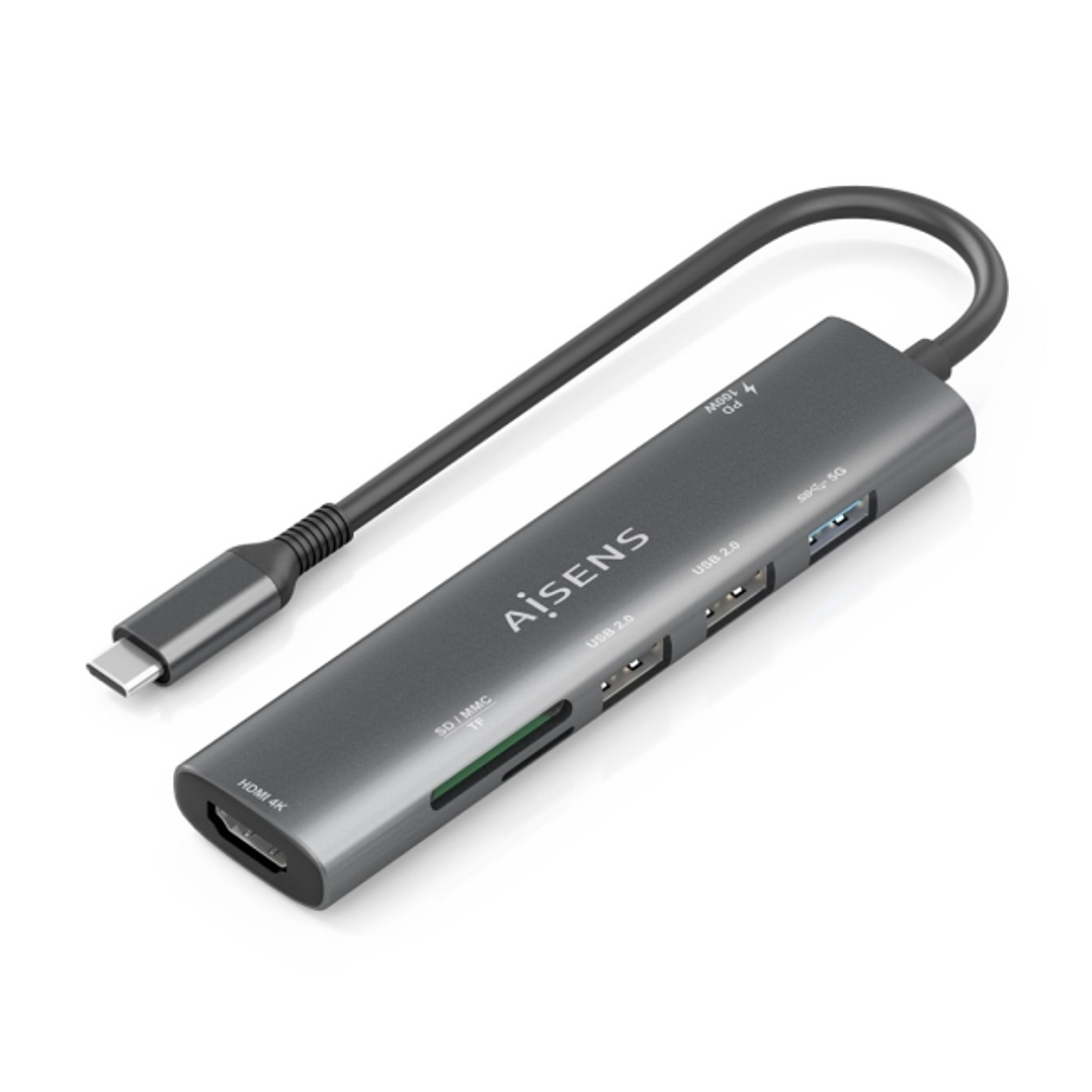 Aisens USB-C Dock 7 en 1 - USB-C a 1xHDMI - 2xUSB-A 2.0 - 1xUSB-A 3.0 - 1xUSB-C 100W - 1xSD - 1xMicroSD - 15cm - Color Gris 1