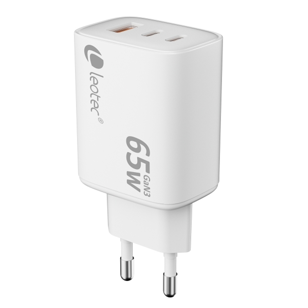 Leotec Cargador Universal 65W GAN - Ultra Slim - 2USB-C PD + 1USB-A - Color Blanco 1