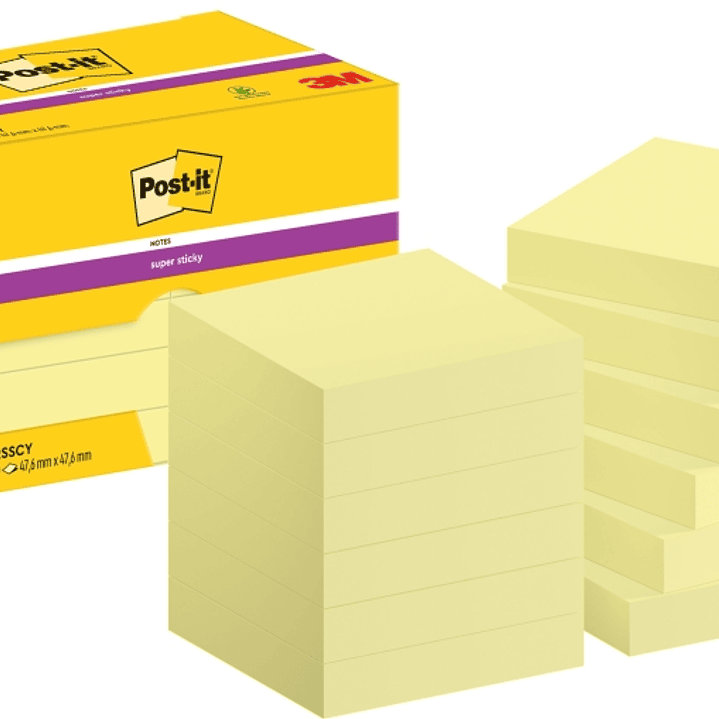 Post-It Super Sticky Pack de 12 Blocs de 90 Pack de 12 Blocs de 90 Notas Adhesivas Reposicionables - 47.6x47.6mm - Color Amarillo Claro 1