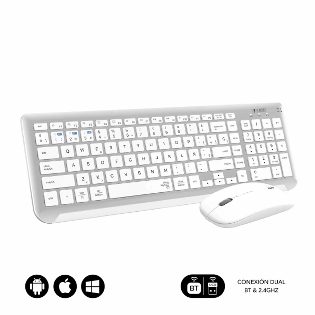 Subblim Combo Dual Prestige - Teclado y Raton Inalambricos - Bluetooth y 2.4G - Funcionamiento Silencioso - Color Blanco Plata 1