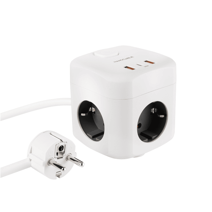 Nanocable Base de 3 Enchufes Schuko + 2x USB-A y 1x USB-C con Interruptor - Tecnologia GaN, PPS y PD 20W - Cable de 1.40m - Color Blanco 1