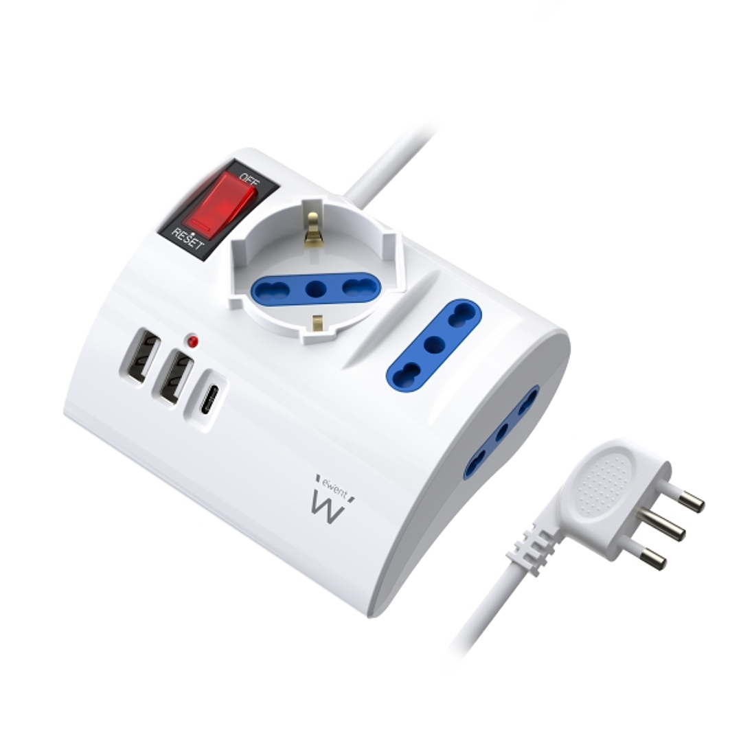 Ewent Regleta con 6 Tomas de Sobremesa - 2 Tomas L + 1 Toma L/F (Schuko) - 2x USB-A - 1x USB-C - Enchufe Italiano Plano en Angulo - Interruptor On/Off 1