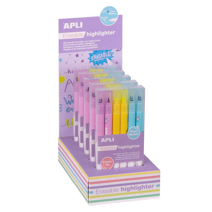 Apli Erasable Highlighter Expositor de 5 Packs de 6 Subrayadores Borrables - Punta Biselada 4mm - Colores Surtidos 1