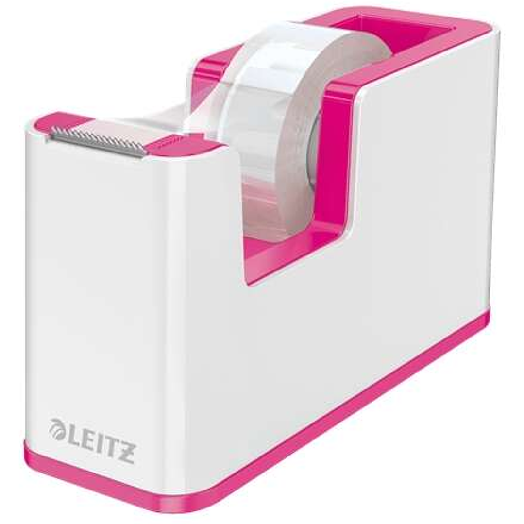Leitz WOW Dispensador de Cinta Adhesiva - Para Rollos de hasta 19mm x 33m - Incluye Cinta Autoadhesiva Escribible - Color Blanco/Rosa 1