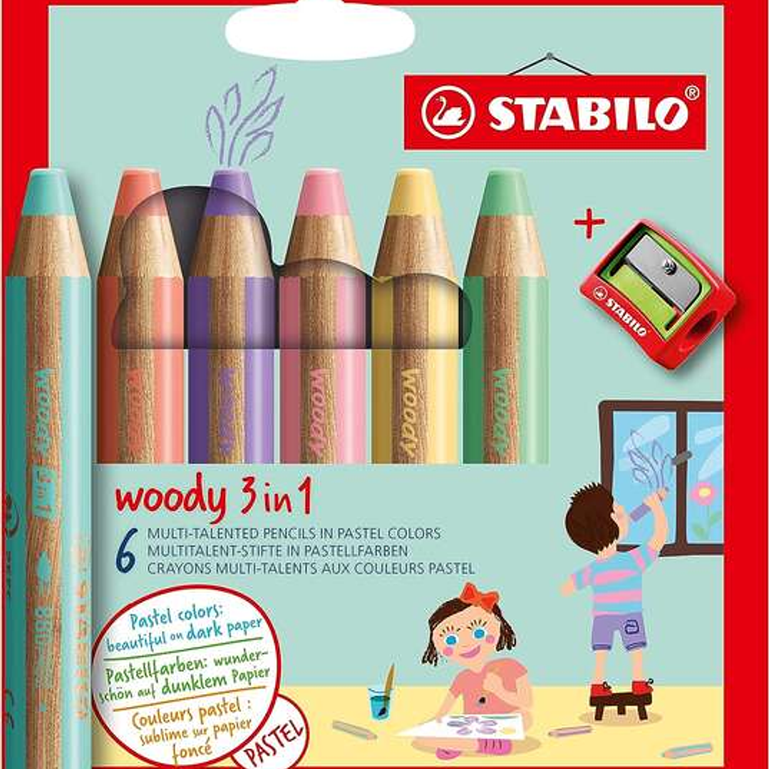 Stabilo Woody 3 en 1 Pack de 6 Lapices de Colores Pastel + Sacapuntas - Lapiz de Color, Cera y Acuarela, Todo en Uno - Mina XXL 10mm - Colores Surtido 1