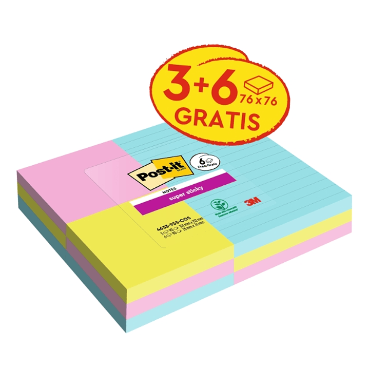 Post-It Super Sticky Pack de 9 Blocs de 90 Notas Adhesivas Reposicionables Coleccion Cosmic - 3 Blocs con Lineas + 6 Estandar - Colores Surtidos 1