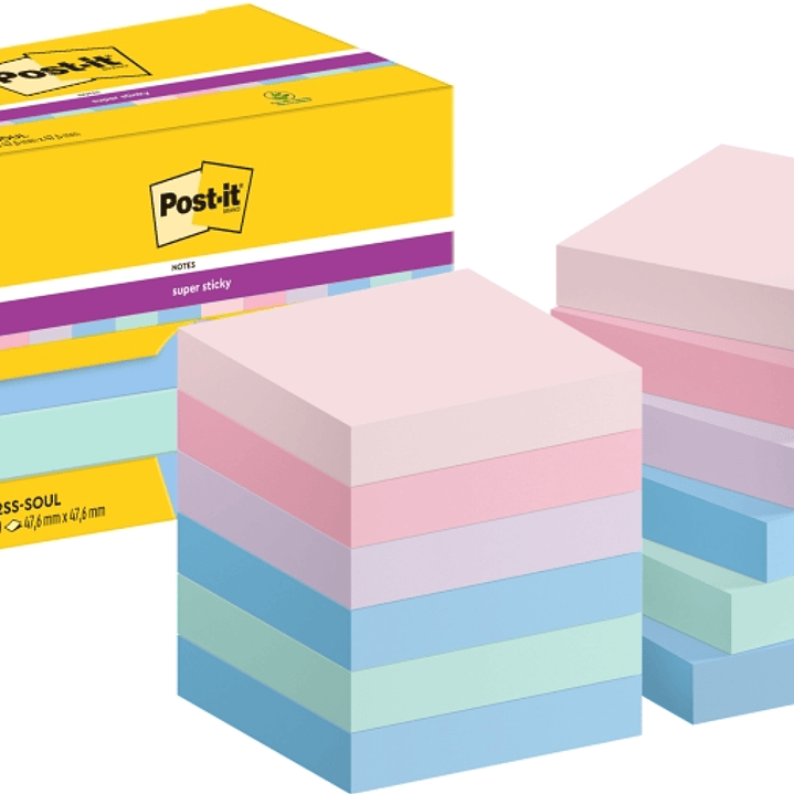 Post-It Super Sticky Pack de 12 Blocs de 90 Notas Adhesivas Reposicionables - Forma Cuadrada - 47.6x47.6mm - Colores Surtidos 1