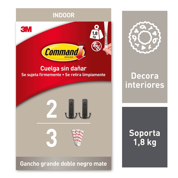 Command Pack de 2 Ganchos Dobles Grandes - 3 Tiras Adhesivas - Soporta hasta 1.8kg - Color Negro 1