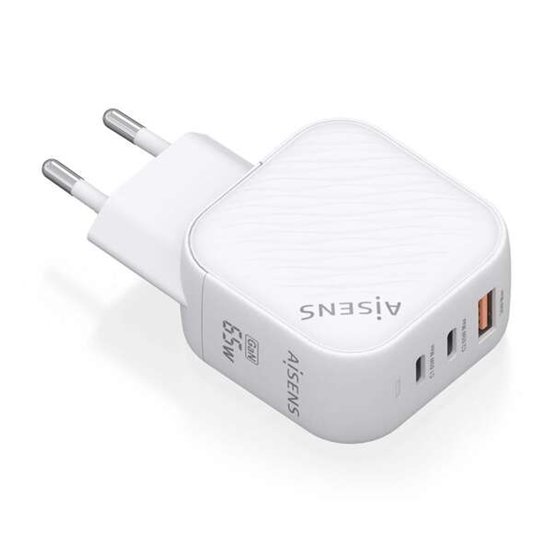 Aisens Cargador GAN 65W - 2xUSB-C PD3.0 QC4.0 - 1xUSB-A QC3.0 1