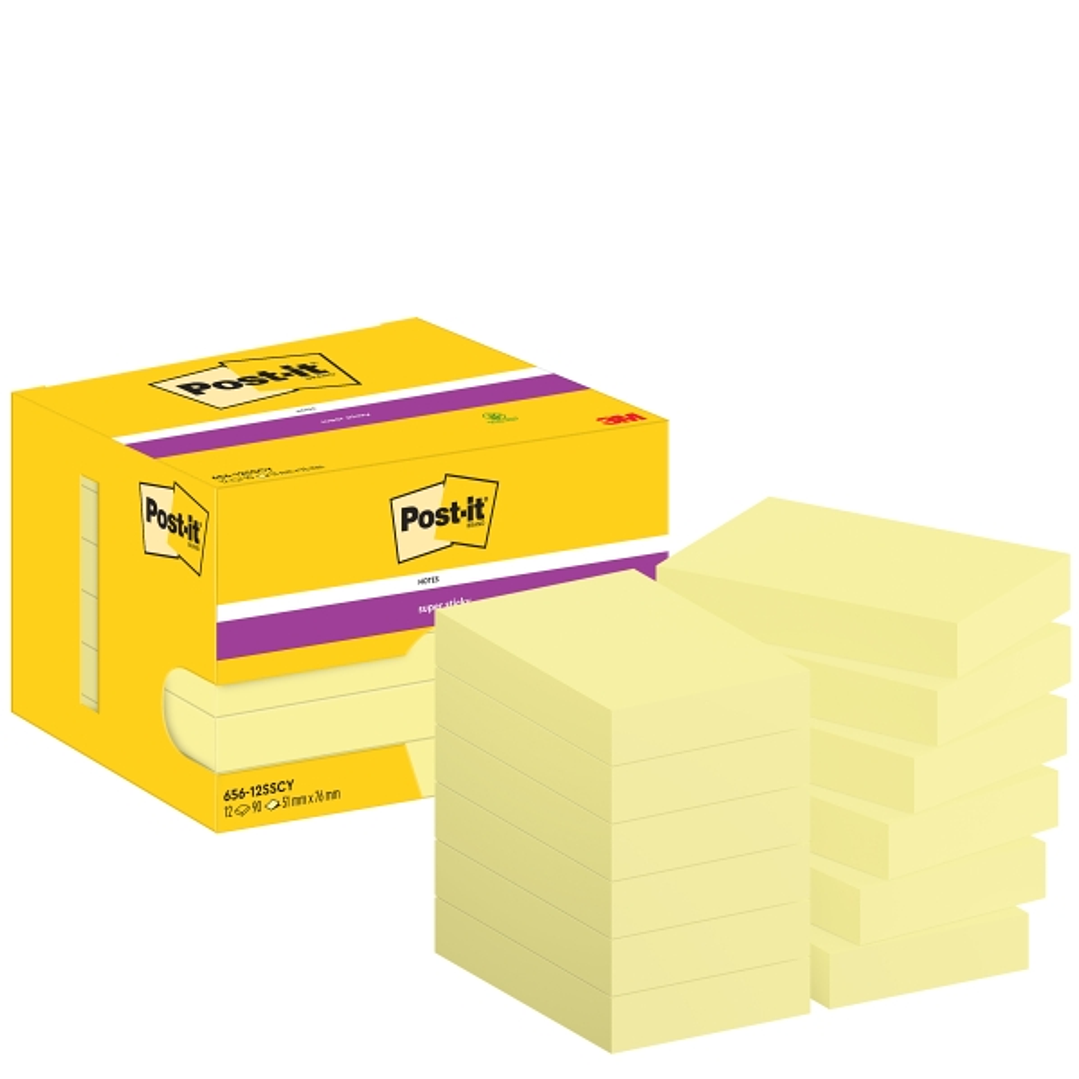 Post-It Super Sticky Pack de 12 Blocs de 90 Notas Adhesivas Reposicionables - 51x76mm - Paquete de Carton - 100% PEFC - Color Amarillo Claro 1