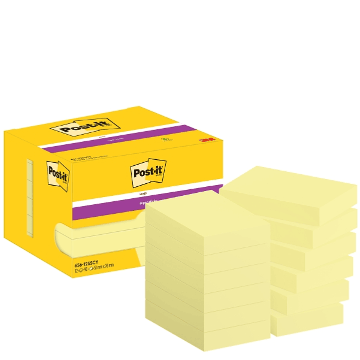 Post-It Super Sticky Pack de 12 Blocs de 90 Notas Adhesivas Reposicionables - 51x76mm - Paquete de Carton - 100% PEFC - Color Amarillo Claro 1