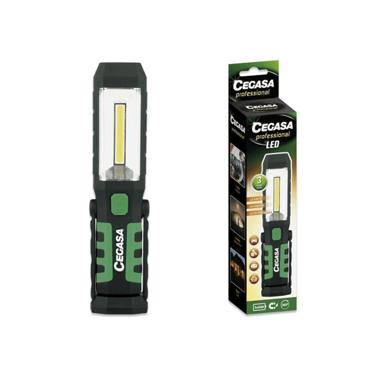 Cegasa Profesional Linterna Magnetica LED - COB Lateral, LED Superior y Luz de Emergencia - Gancho Ajustable 360º  - Funciona con 2 Pilas AAA (No Incl 1