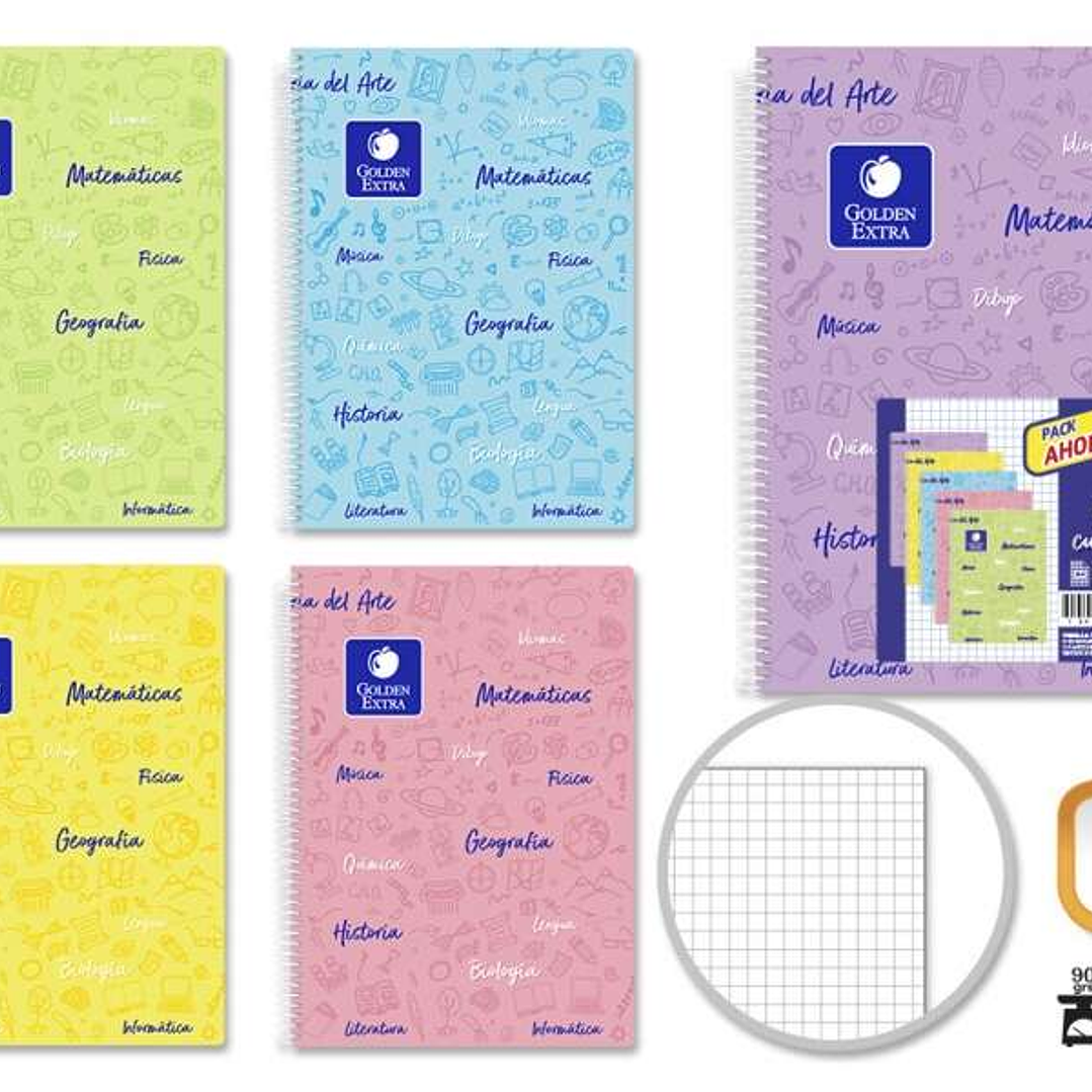 Golden Pack de 5 Cuadernos Asignatura Folio 80 Hojas 90gr Cuadricula 4x4 - Resistente - Tapa Plastica - Ideal para Estudiantes - Colores Pastel Surtid 1