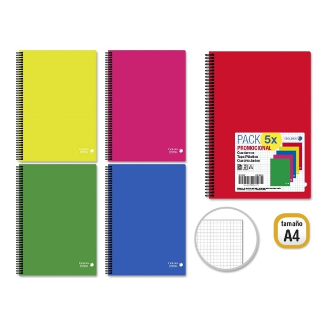 Golden Basic Pack de 5 Cuadernos A4 80 Hojas 90gr Cuadricula 4x4 - Ideal para Estudiantes - Tapa Polipropileno - Colores Surtidos 1