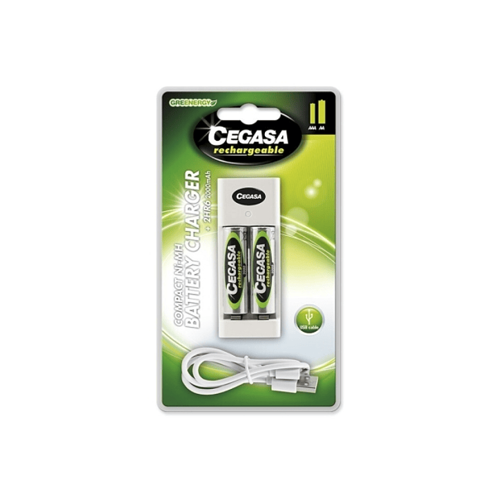 Cegasa Rechargeable Pack con Cargador Compacto de Pilas y Cable USB + 2 Pilas Recargables AA HR6 2000mAh - Cargador Apto para AA y AAA 1