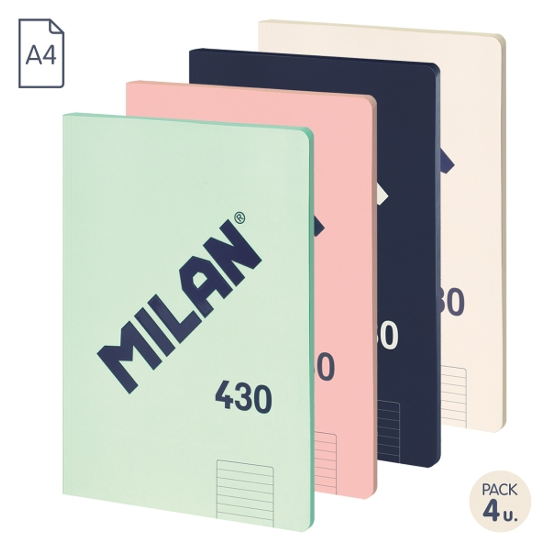 Milan 430 Since 1918 Pack de 4 Libretas A4 Encoladas - Papel a Lineas de 7mm - 48 Hojas de 95g - Colores Surtidos 1