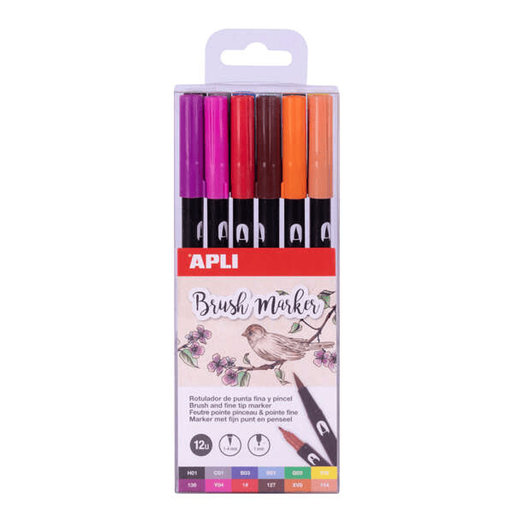 Apli Brush Marker Pack de 12 Rotuladores Acuarelables de Doble Punta - Punta Pincel de 1-4mm y Punta Redonda de 1mm - Tinta Base de Agua Inodora y No  1