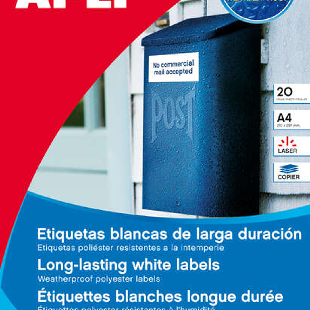 Apli Pack de 960 Etiquetas Blancas Resistentes Intemperie - Tamaño 45.7x21.2mm - 20 Hojas x 48 Etiquetas 1