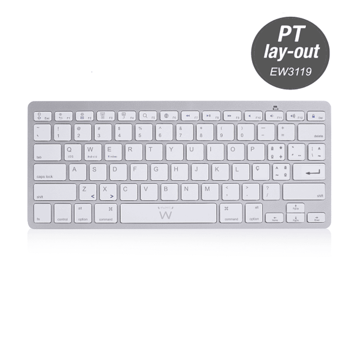 Ewent Teclado de Viaje - Modo Ahorro de Energia - Bluetooth 3.0 - Disposicion Portuguesa QWERTY PT - Alcance hasta 10m - Color Plata/Blanco 1