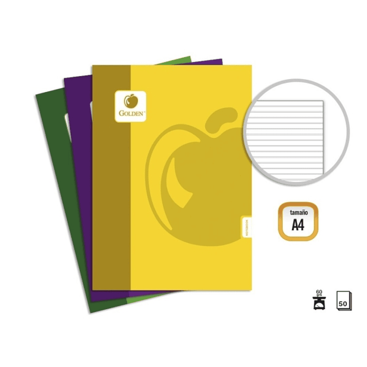 Golden Basic Pack de 10 Libretas Grapadas A4 50 Hojas 60grs Pautada 3.5 - Colores Surtidos 1