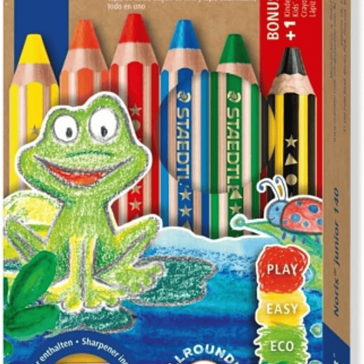 Staedtler Noris Junior Pack de 5 Lapices de Colores Extragruesos + Sacapuntas - 3 en 1, Lapiz, Cera y Acuarelable - Colores Surtidos 1