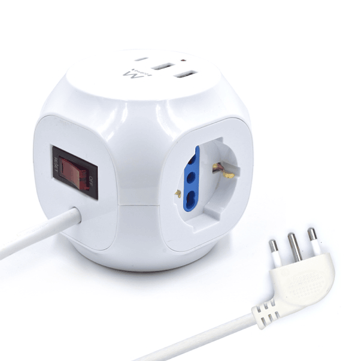 Ewent Regleta con 6 Tomas de Sobremesa en Forma de Cubo - 3 Tomas L/F (Schuko) - 2x USB-A - 1x USB-C - Enchufe Italiano Plano en Angulo - Interruptor  1