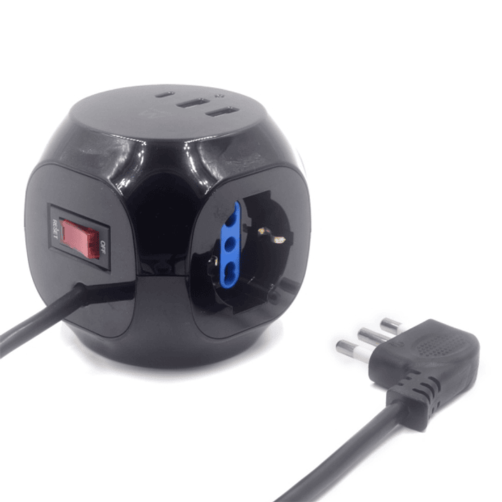 Ewent Regleta con 6 Tomas de Sobremesa en Forma de Cubo - 3 Tomas L/F (Schuko) - 2x USB-A - 1x USB-C - Enchufe Italiano Plano en Angulo - Interruptor  1
