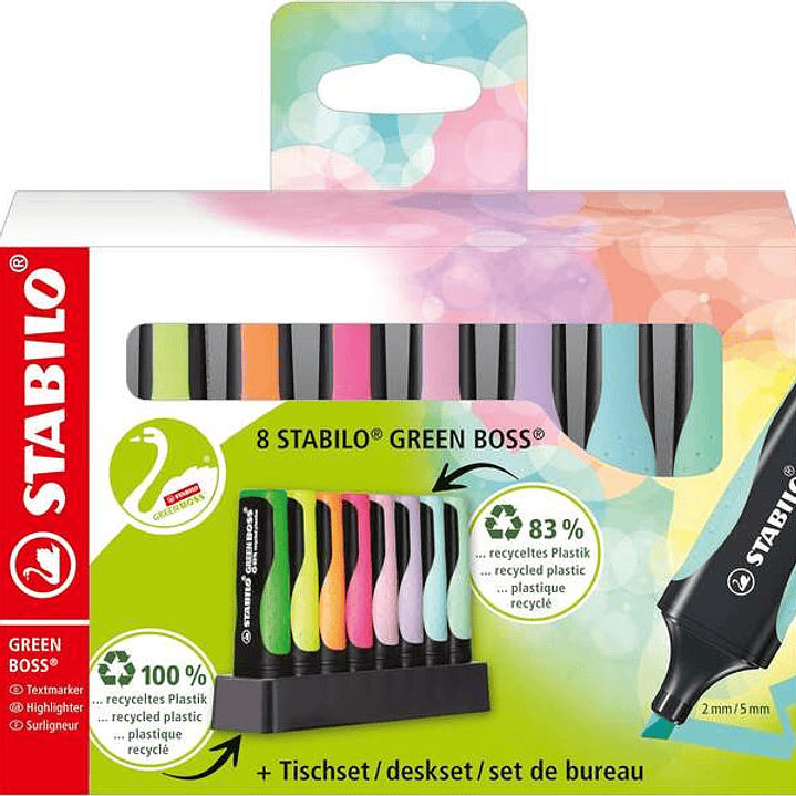 Stabilo Green Boss Set de Mesa de 8 Marcadores Fluorescentes - Fabricado con un 83% de Plastico Reciclado - Trazo entre 2 y 5mm - Recargable - Colores 1