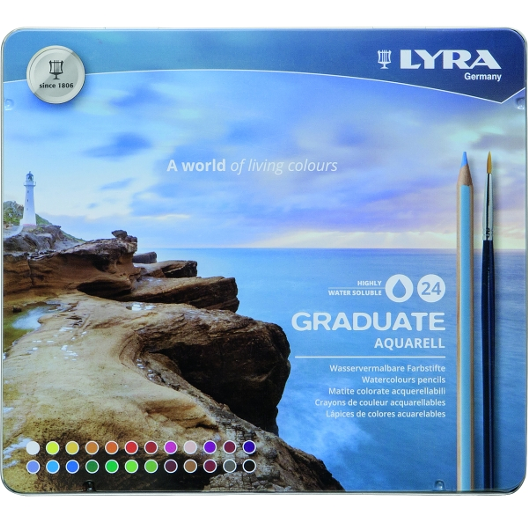 Lyra Graduate Pack de 24 Lapices de Colores Acuarelables con 1 Pincel Incluido - Hexagonal - Estuche de Metal - Colores Surtidos 1