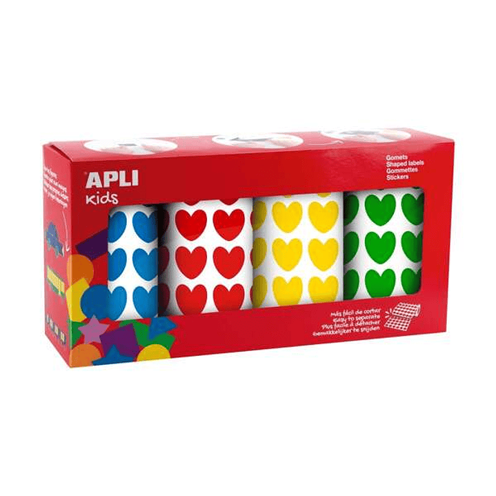 Apli Pack de 4 Rollos de Gomets Corazon - 1770 Gomets por Rollo - Adhesivo Permanente - 7080 Gomets en Total - Ideales para Escuelas Infantiles - Colo 1