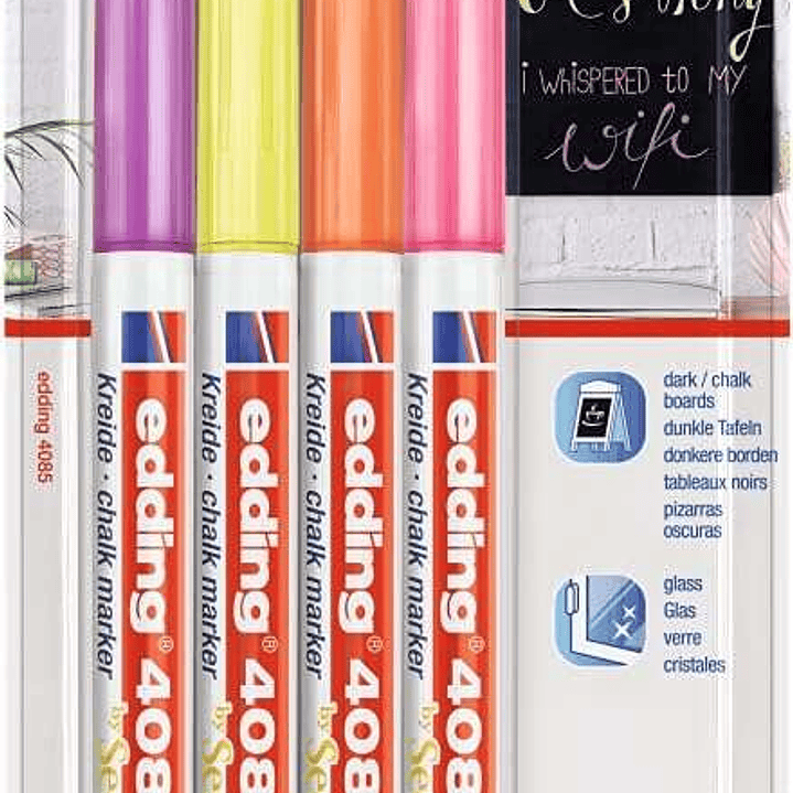 Edding 4085 Neon Pack de 4 Rotuladores de Tiza Liquida - Punta Redonda - Trazo 1-3mm - Olor Neutro - Colores Frambuesa, Amarillo, Naranja y Rosa Neon 1