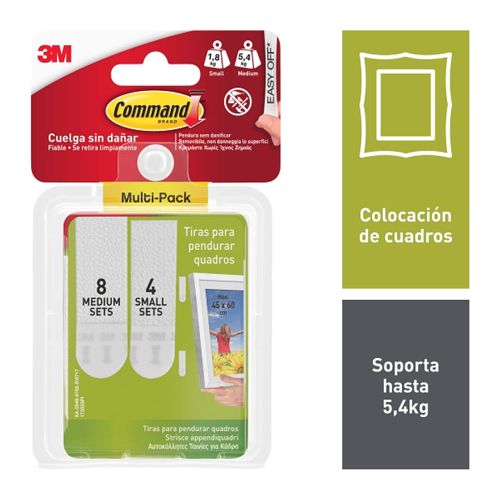 Command Pack de 24 Tiras Adhesivas para Colgar Cuadros - 8 Paresm + 4 Pares S - Soporta hasta 5.4kg - Color Blanco 1
