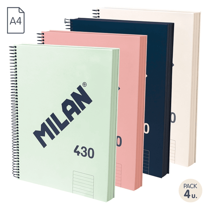 Milan 430 Since 1918 Pack de 4 Cuadernos A4 con Espiral - Papel a Lineas de 7mm - 120 Hojas de 95g - Tapa Dura - Colores Surtidos 1