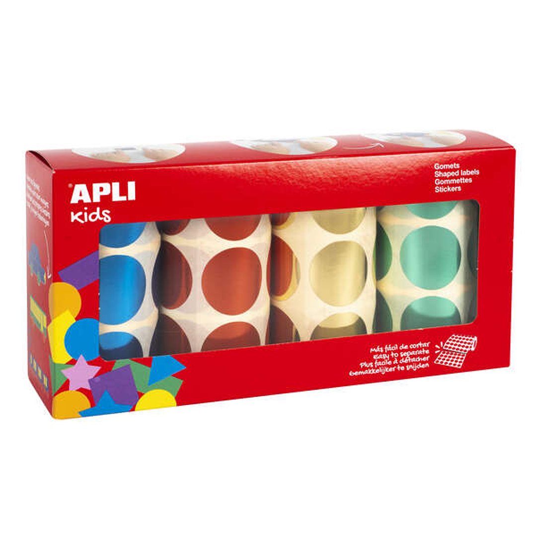Apli Pack de 2.256 Gomets Redondos Ø 33mm - 4 Rollos de 564 Gomets - Adhesivo Permanente - Ideal para escuelas Infantiles y Colegios - Colores Metaliz 1