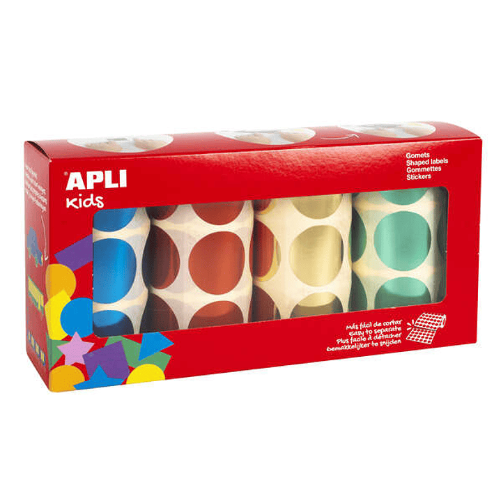 Apli Pack de 2.256 Gomets Redondos Ø 33mm - 4 Rollos de 564 Gomets - Adhesivo Permanente - Ideal para escuelas Infantiles y Colegios - Colores Metaliz 1
