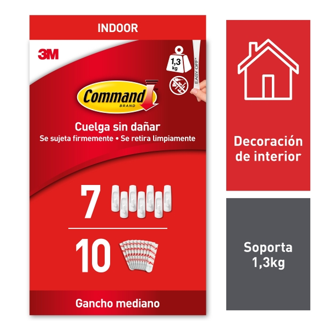 Command Pack de 7 Ganchos Medianos - 10 Tiras Adhesivas - Uso en Interior - Soporta hasta 1.3kg - Color Blanco 1