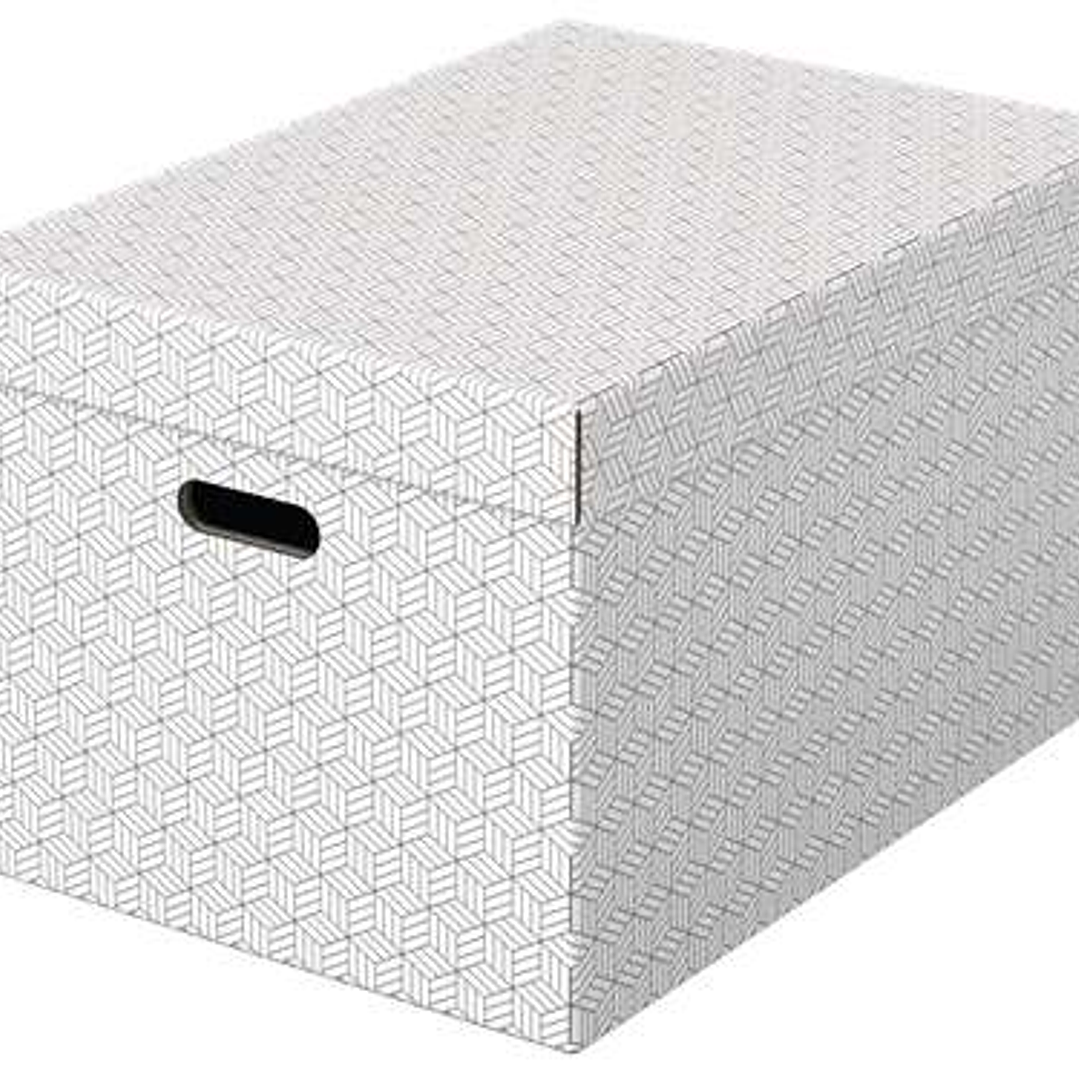 Esselte Pack de 3 Cajas Grandes de Almacenamiento con Tapa 355x305x510mm - Carton 100% Reciclado y Reciclable - Asas Integradas - Diseño Blanco con Di 1