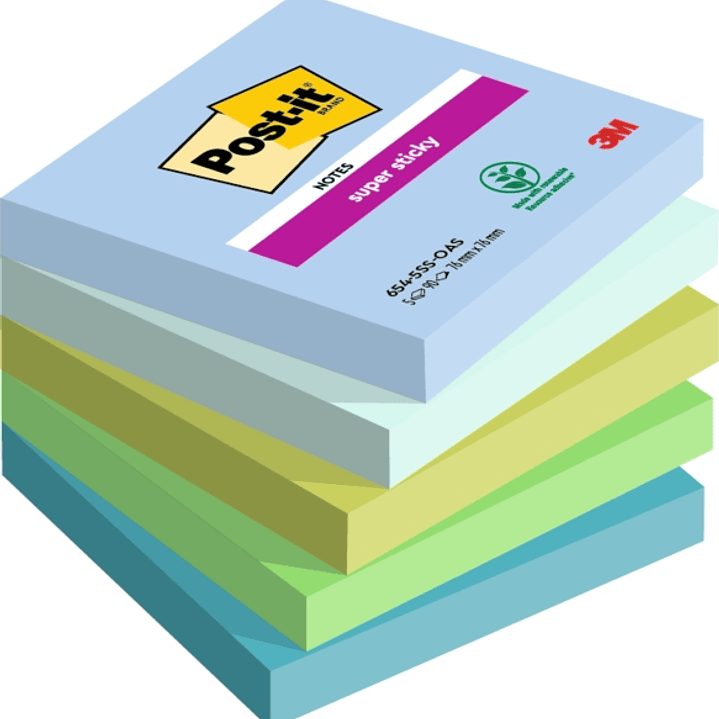 Post-It Super Sticky Pack de 5 Blocs de 90 Notas Adhesivas Reposicionables - Forma Cuadrada - 76x76mm - Colores Surtidos 1