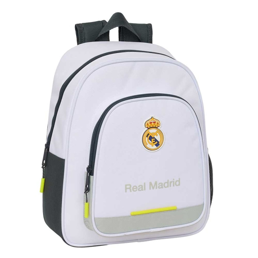 Safta Real Madrid Mochila Infantil de 10L - Adaptable a Carro - 2 Compartimentos - Portabotellas - 28x34x10cm - Color Blanco y Negro 1