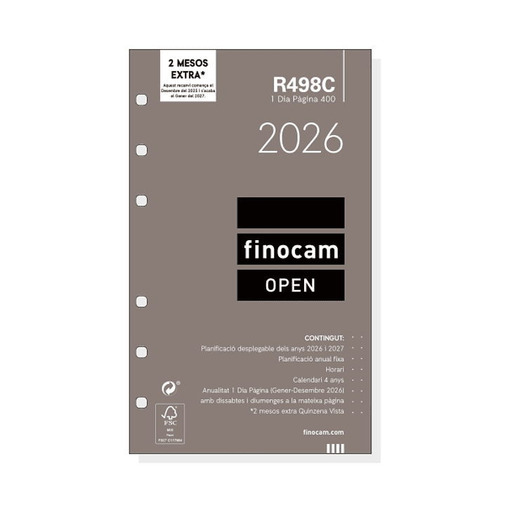 Finocam R498C Recambio Anual 2026 para Agendas Open 2026 en Catalan - Formato 400 - 91x16x152mm - 1 Dia por Pagina - Color Blanco 1